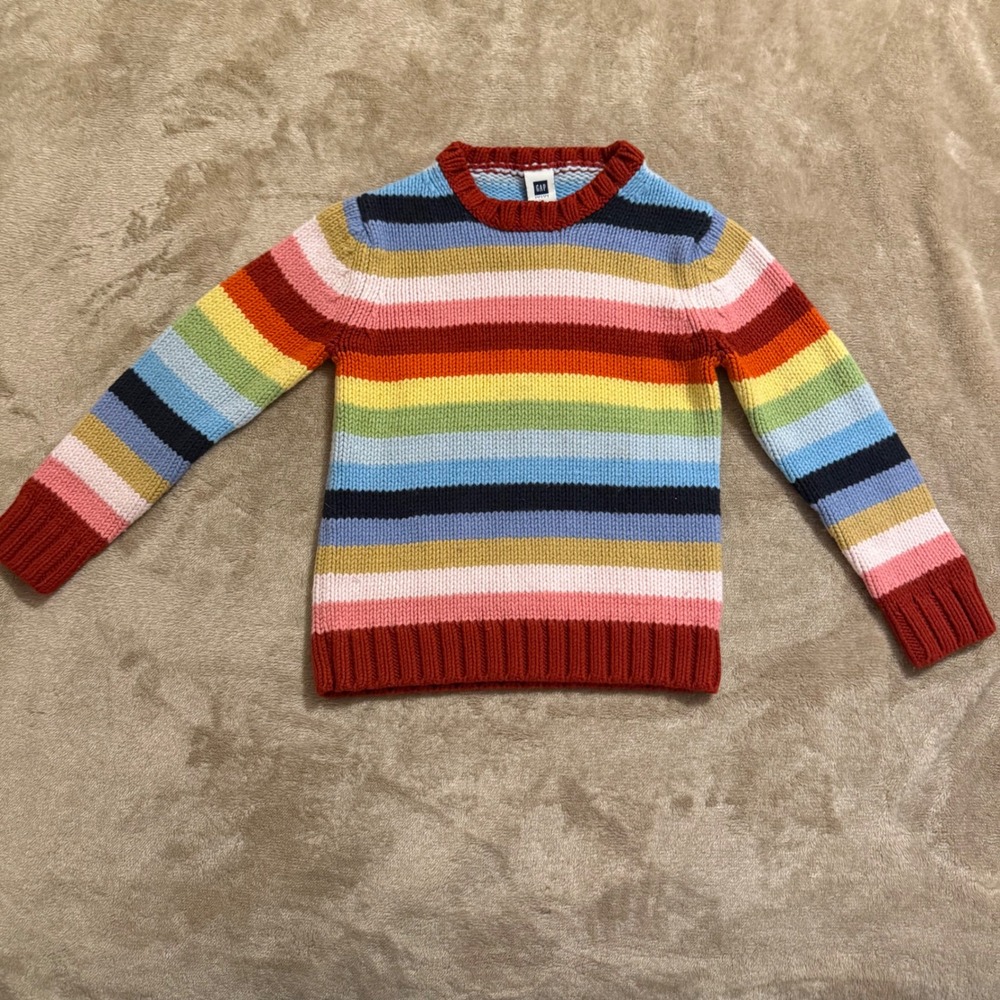 Gap Kids Rainbow Stripe Knit Sweater Crew Neck Multi Color Wool Blend S 5-6